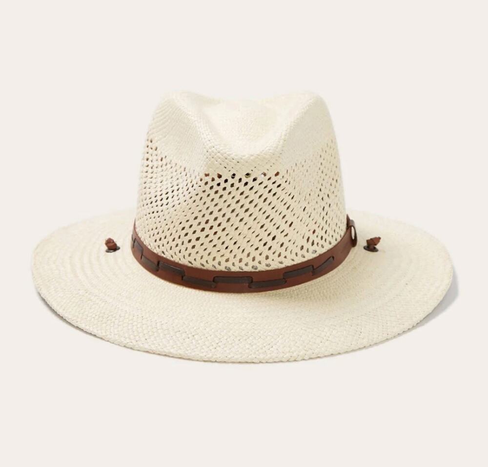 Stetson Airway Panama Safari Hat Natural Straw Leather Band Chin Cord LARGE